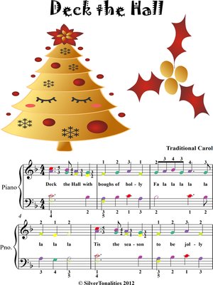 cover image of Deck the Hall Easy Elementary Piano Sheet Music with Colored Notes